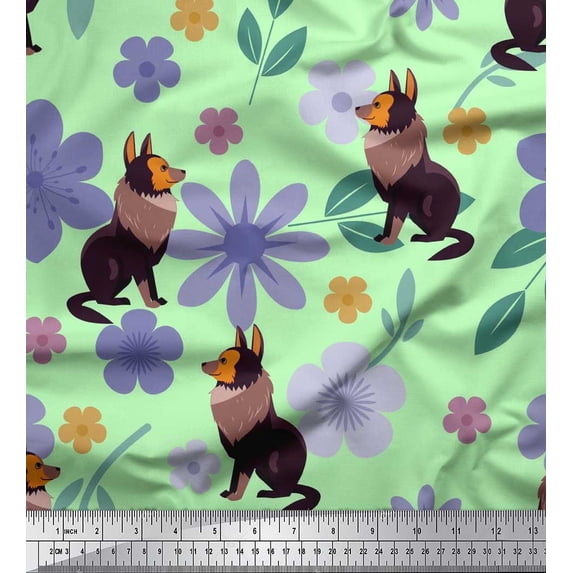 Soimoi Japan Crepe Satin Fabric Leaves,Floral & Wolf Cartoon Print Sewing Fabric Yard 42 Inch Wide