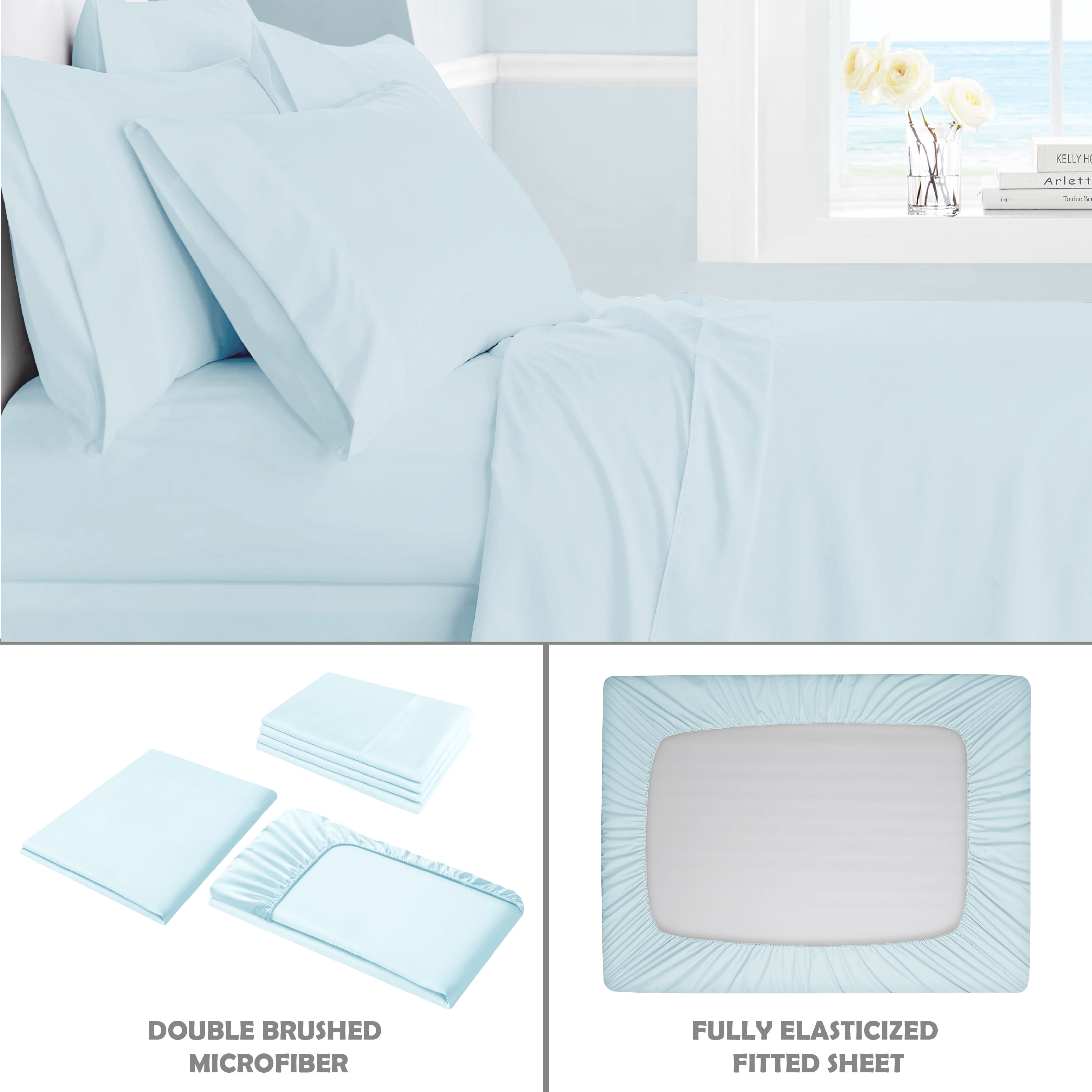 Swift Home Smart Sheets 4-Piece Set - Ultra Soft Brushed Microfiber With Side Storage Pockets | Queen Size, Blue Fog