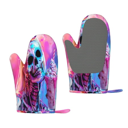 

Lafuoo Neon Skull With Milkshake Pattern Silicone Anti-Scalding Gloves Hanging Rope Gloves are Suitable for Kitchen Utensils for Kitchen Baking Cooking Outdoor Barbecue