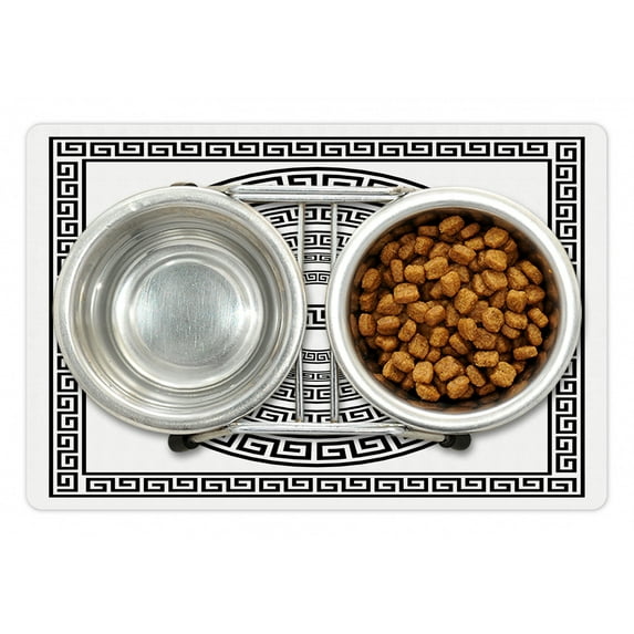 Greek Key Pet Mat for Food and Water, Traditional Meander Border Set Square and Circles Antique Frame Pack, Non-Slip Rubber Mat for Dogs and Cats, 18" X 12", by Ambesonne