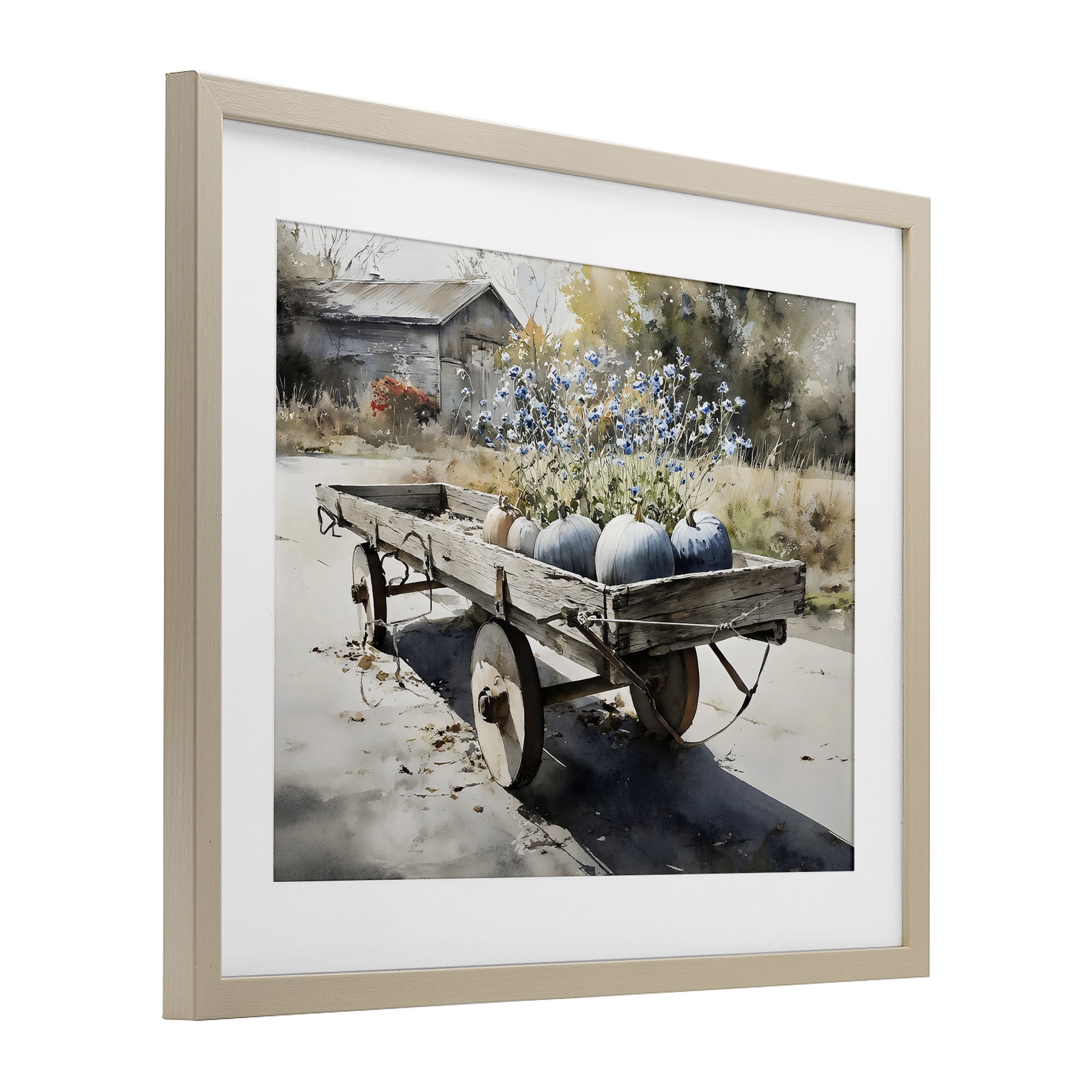 Stupell Industries Blue Pumpkin Wagon in Sunlight Birch Framed Print Under Glass, design by Franklyn Gregory