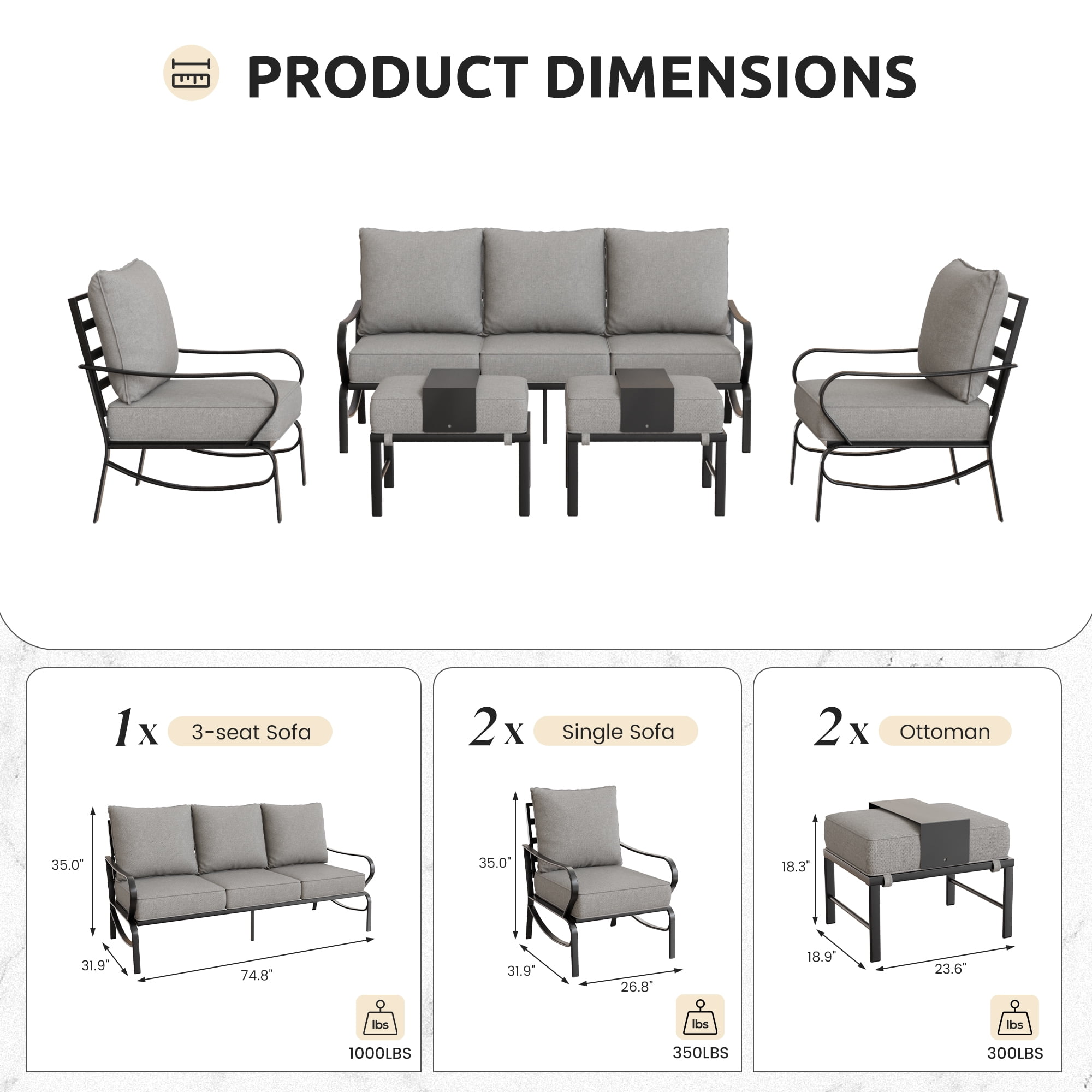 Poteban Aluminum Patio Furniture,Outdoor Metal Sectional Sofa with Table and Waterproof Covers,White Modern Patio Furniture Set for Garden Backyard