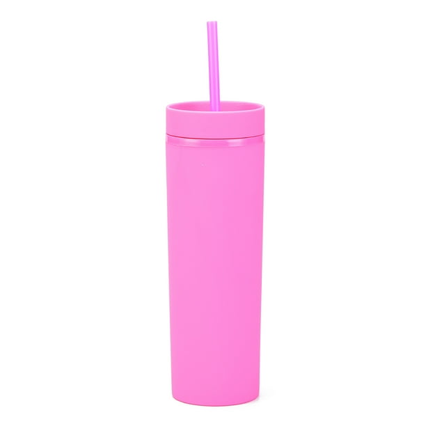 Wosthever Botella de agua de 16OZ, vaso de paja esmerilado de plástico de 2 capas, bebida portátil, taza de té de la leche, soporte para café y jugo Mostrada rosa fluorescente roja NO12