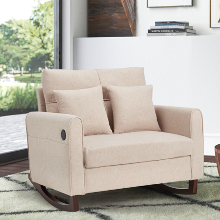 HOMREST Upholstered Oversize Rocking Chair, Nursery Rocking Chair with High Back and Side Pocket USB Port, Double Wide Rocker Armchair with Rubber Wood Legs for Living Room, Bedroom, Nursery, Beige