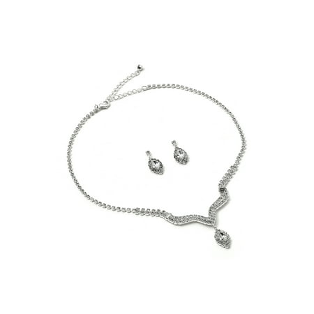 - Silver Crystal Rhinestone V Neck with Dangle Cat Eye Stone Necklace and Dangle Matching Earrings Jewelry Set