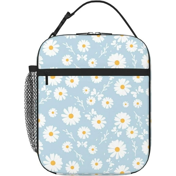 Blue Daisy Flower Insulated Lunch Bag Lunch Box for ,Bento Lunch Box Cooler Bag with Front Pocket for Women Men,Cute Lunch Tote Bag Lunchbox for Work/Office/Picni