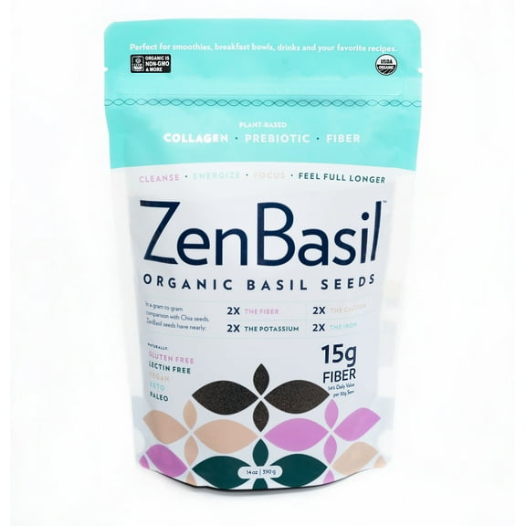 Zen Basil Seeds | Edible Basil Seeds USDA Organic, Kosher, Non-GMO, Lectin-free, Gluten-free, Keto, Paleo | 15g Fiber Per Serving