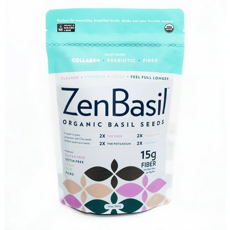 Zen Basil Seeds | Edible Basil Seeds USDA Organic, Kosher, Non-GMO, Lectin-free, Gluten-free, Keto, Paleo | 15g Fiber Per Serving