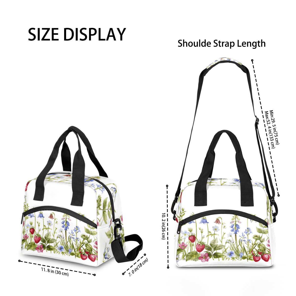 Herdesigns Strawberries And Wildflowers Insulated Lunch Bag for Women Men Adults Large Reusable Lunch Box Leakproof Portable Cooler Tote Bags with Adjustable Shoulder Strap
