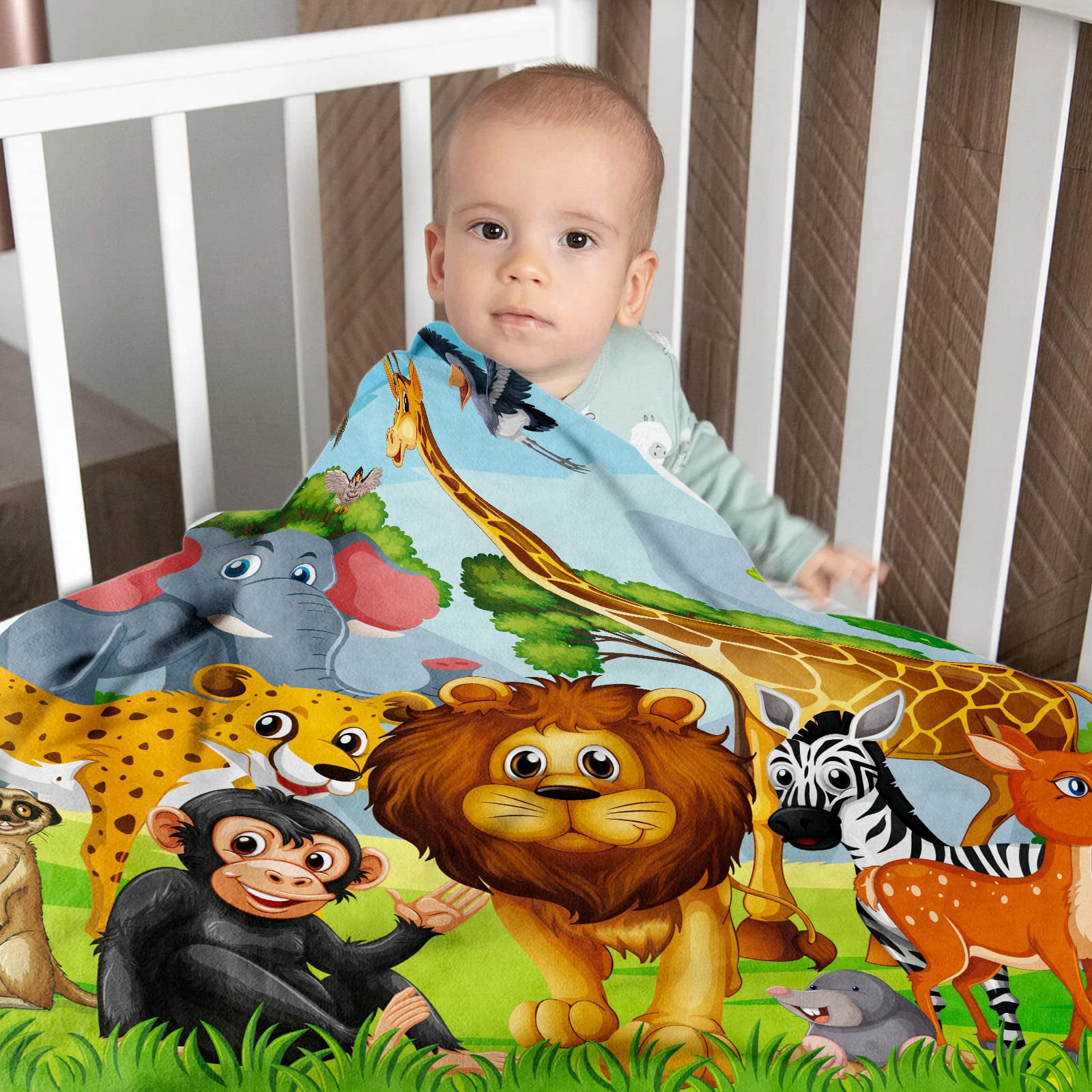 Jungle Animal Throw Blanket, Cozy Flannel Animal Blanket for Kids, Soft Jungle Fleece Blanket with Giraffe Elephant Lion Print, Fuzzy Safari Zoo Blankets for Toddler Child Girl Boy Gift,(30"x40")