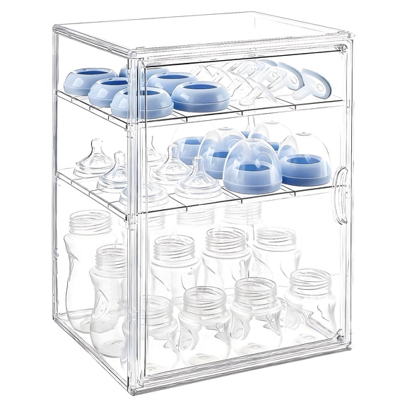KORALAKIRI Baby Bottle Storage Organizer, Adjustable Clear Acrylic Bottles Storage Station, Case Box Container with 2 Removable Dividers and Magnetic Door for Countertop, Cabinet,Vanity, Bathroom