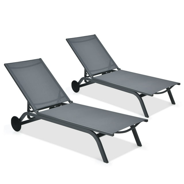 Topbuy Chaise Longue Inclinable d'Extérieur en Aluminium, 2 Pcs, avec Dossier Réglable, Gris