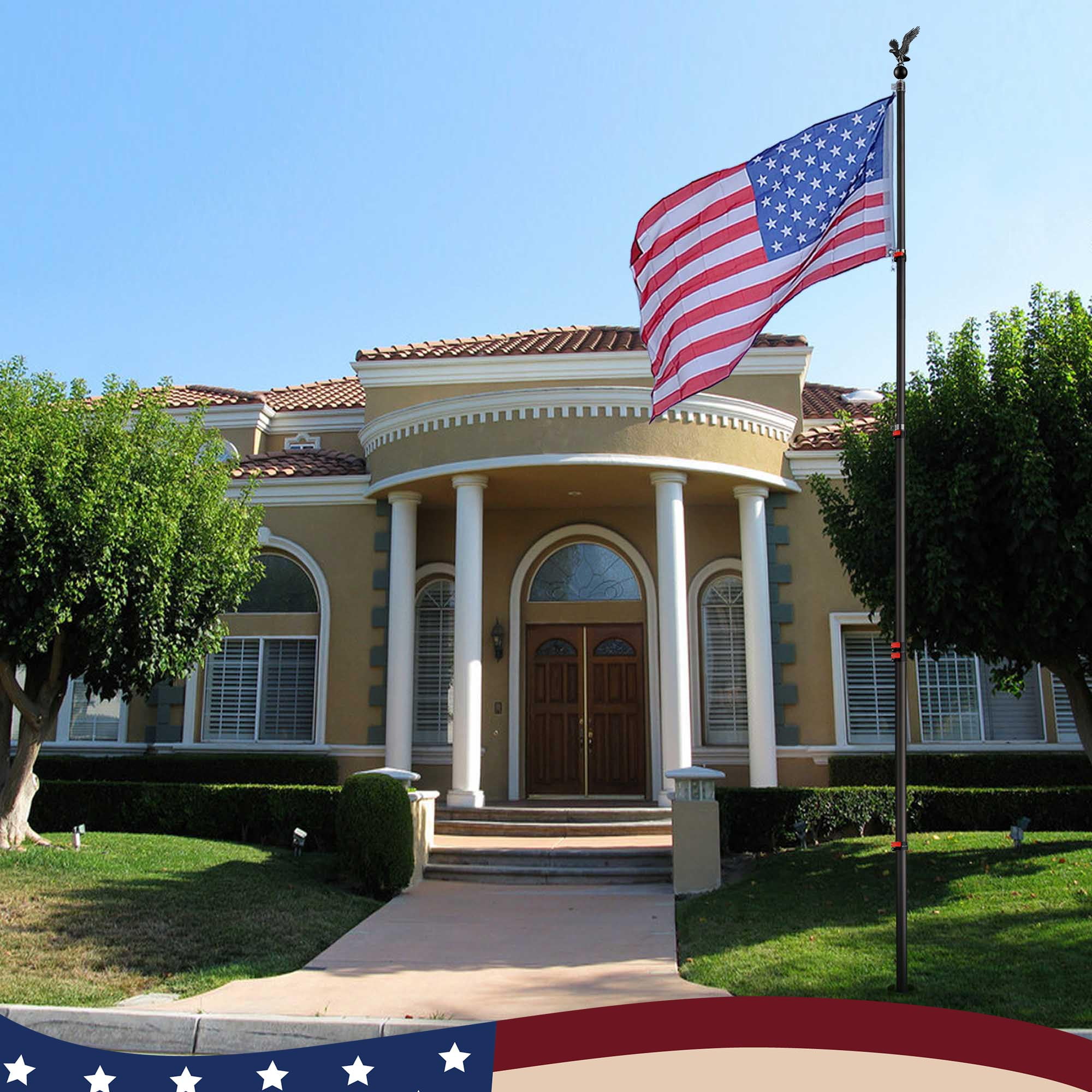 Yescom EZ GO 20ft Eagle Topper Telescopic Flag Pole Kit Upgraded Rotating Lock Outside 3x5' US Flag Ball Final Black