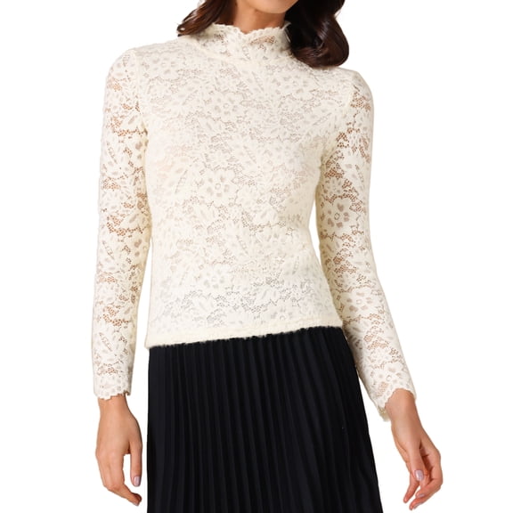 DARING DIVA Women's Basic Lace Long Sleeve Ruffle Neck Floral Blouse XS Beige