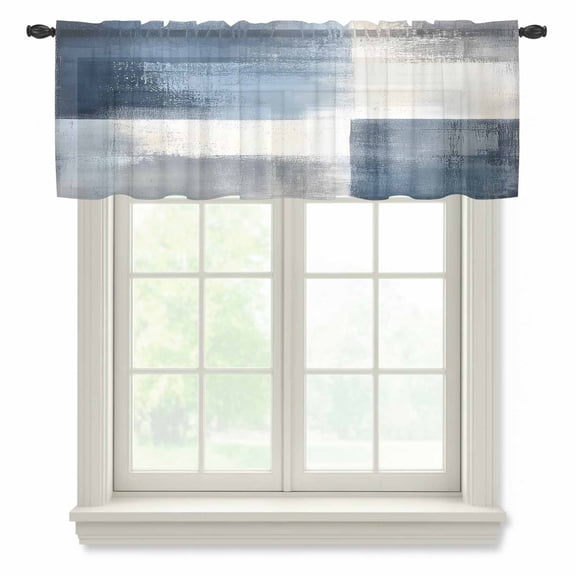 Navy Blue Grey Ombre Valance Curtains for Kitchen/Living Room/Bathroom/Bedroom Window, Rod Pocket Small Topper Half Short Window Curtains Voile Sheer Scarf, Modern Oil Painting Abstract 42"x18"