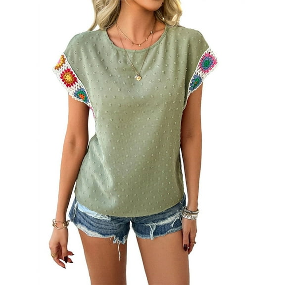 Womens Summer Tops Casual Short Sleeve T Shirts Crewneck Boho Crochet Floral Print Blouses Green M