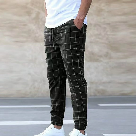 Handshe Men's Casual Pants with Checkered Pockets, Cuffed Hem, and Elastic Drawstring Waist for Comfortable Outdoor Wear,Plus Size