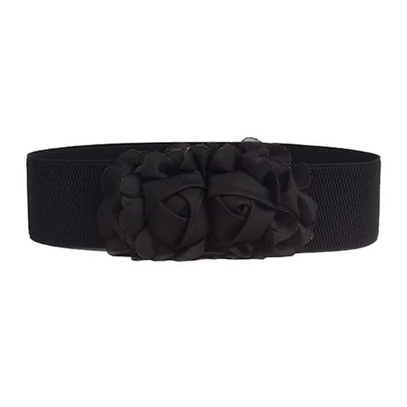 Belt for Women Elastic Wide Rose Double Flower For Dress Fashion Durable Waist Belt Black