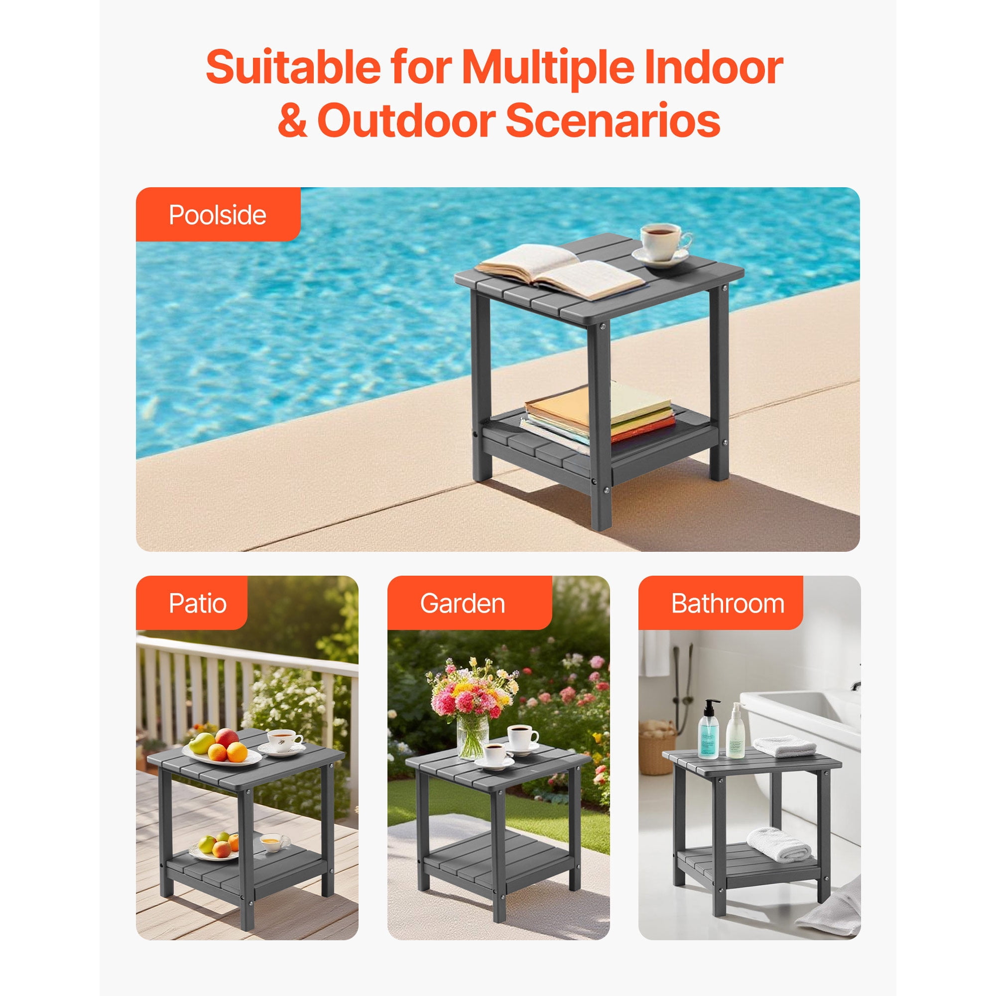 KFFKFF Outdoor Side Table, 17.72W x 14.96D x 17.32H Inch, Double-Layer HDPE End Table for Easy Care, Durable in Various Weather Conditions, Suitable for Patio, Poolside, Beach, Porch, Indoor