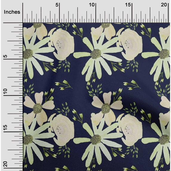 oneOone Polyester Lycra Navy Blue Fabric Flower & Leaves Watercolor Craft Projects Decor Fabric Printed By The Yard 56 Inch Wide