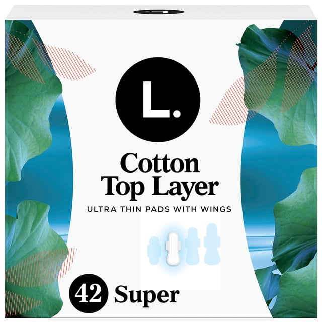 L. Ultra Thin Pads for Women, Organic Cotton Top Layer, Super Absorbency, Menstrual Pads with Wings, 42 CT