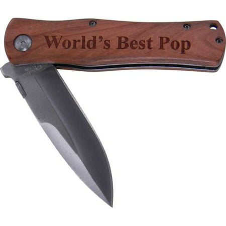 World's Best Pop Folding Pocket Stainless Steel Knife with Clip, (Wood