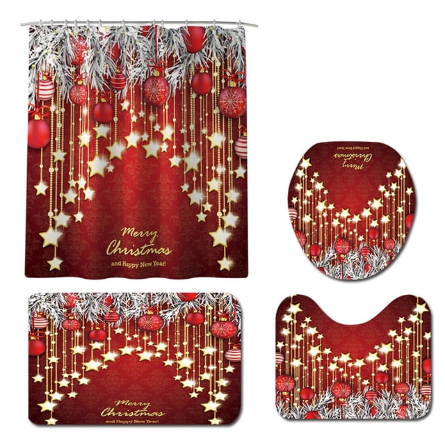 SUNSIOM Ensemble de Rideau de Douche Imprimé de Noël avec Cloche Étoilée, Tapis de Bain