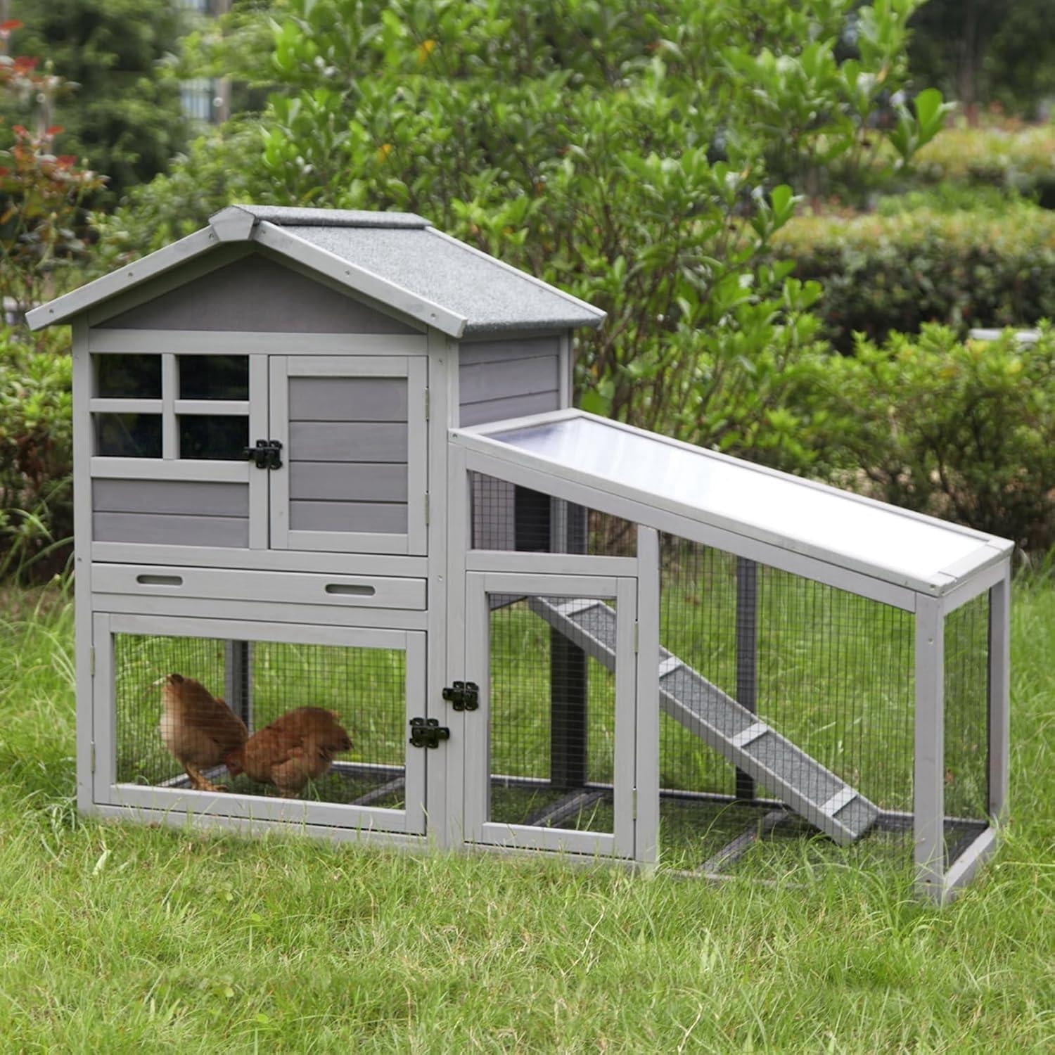 MEDEHOO Rabbit Hutch Outdoor Chickecn Coop with PVC Layer Wooden Bunny Cage Guinea Pig Houses Indoor with Pull Out Tray,Bottom Wire Netting