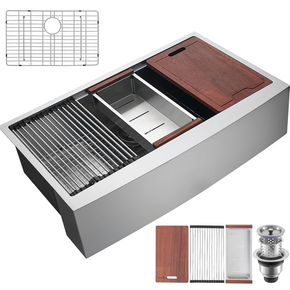 KFFKFF Farmhouse Kitchen Sink, 304 Stainless Steel Drop-In Sink, Top Mount Single Bowl Basin with Integrated Ledge & Accessories, Versatile Sink for Workstations, Food Prep Areas, and Bars, 33 inch