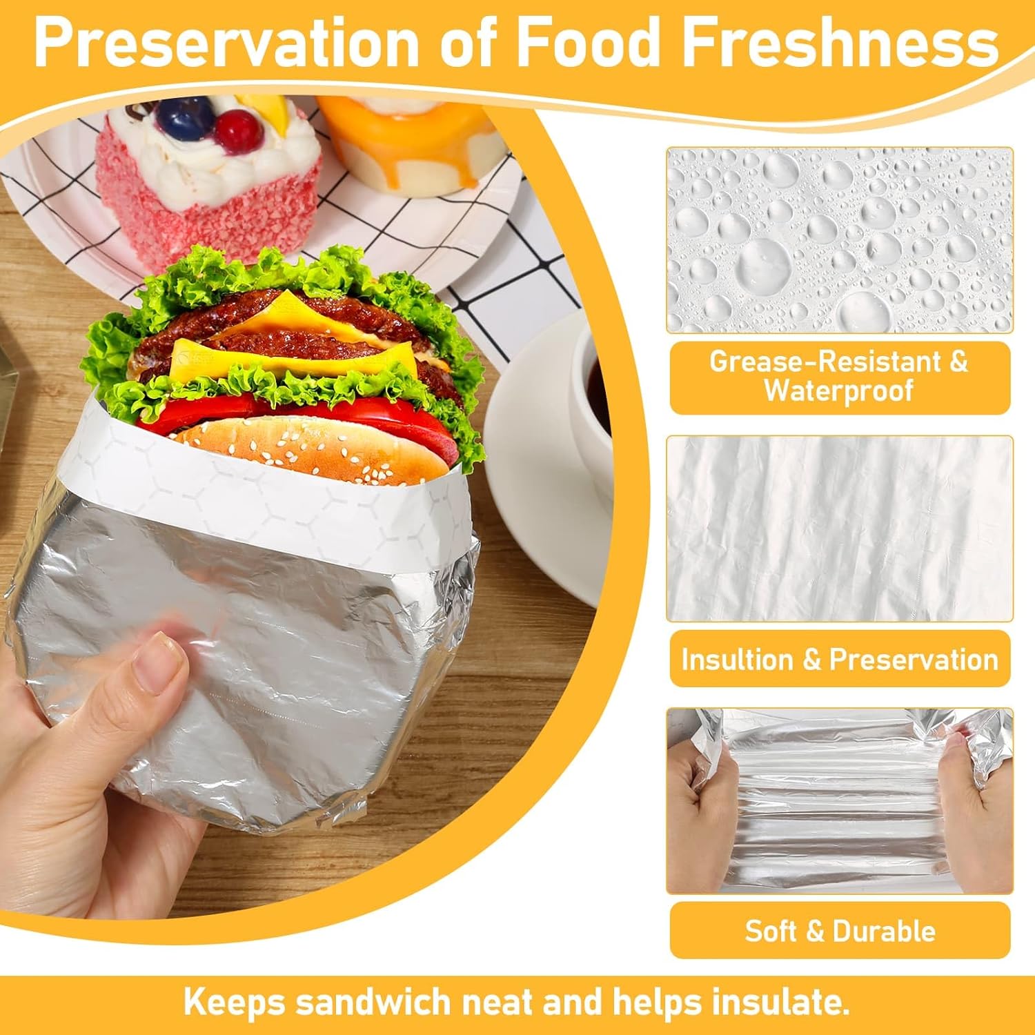 130 Pack Insulation Sandwich Wrapping Paper Aluminum Foil Sheets -12" x 12" Pre-Cut Foil Paper- Aluminum Foil Sandwich Wrap Sheets for Sandwich Wraps, Burritos and BBQ