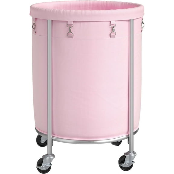 Laundry Basket with Wheels, 170L Rolling Laundry Hamper with Removable Bag and Steel Frame, Round Laundry Cart with 4 Casters and 2 Brakes, Ideal for Bedroom, Bathroom, Laundry Room, Pink