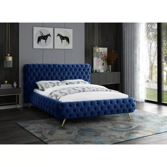 Modern Velvet Tufted Eastern King Platform Bed Frame, Gold Finish Angled Legs, Blue