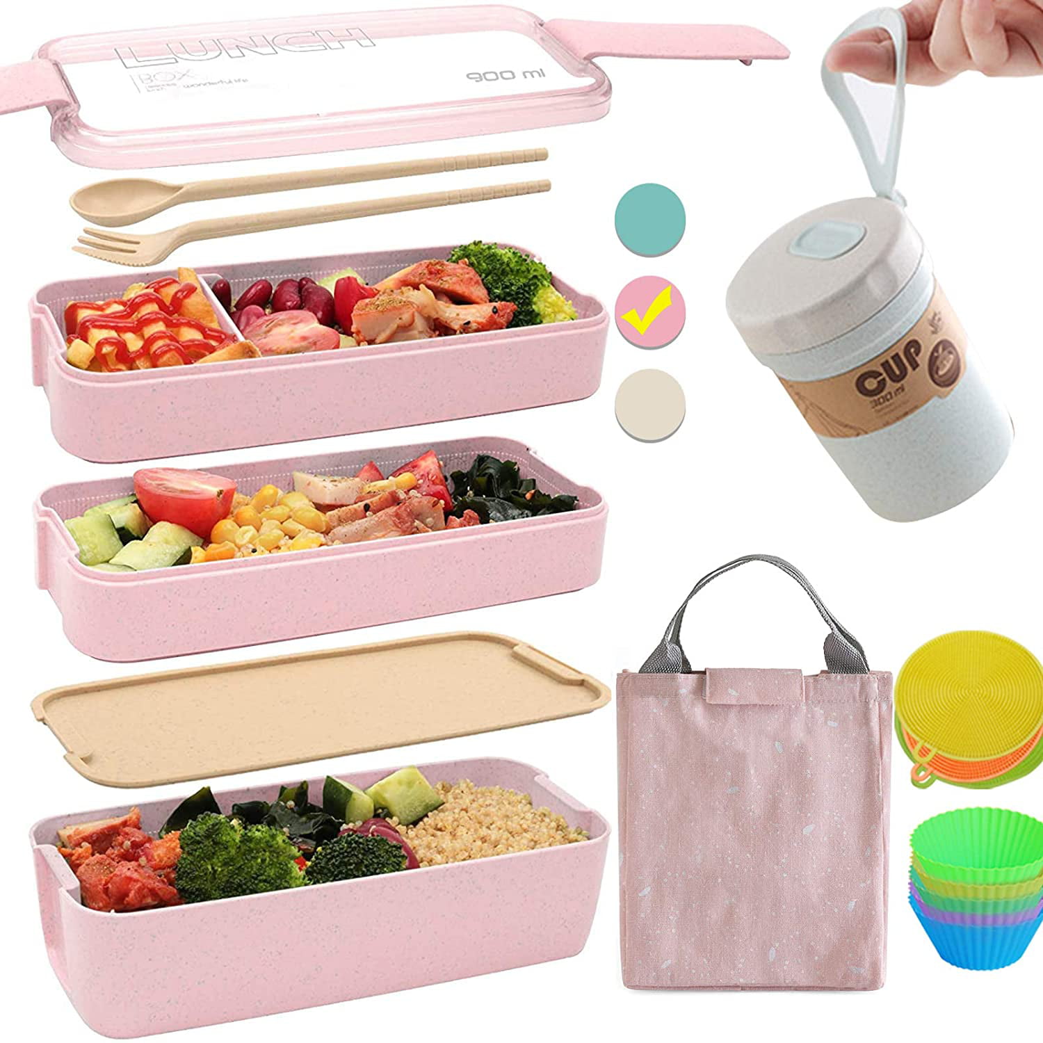 Pink zhuochuan Collapsible Lunch Containers Folding Lunch Box Silicone Lunch Box Lunch Containers Bento Boxes for Adults and Children 