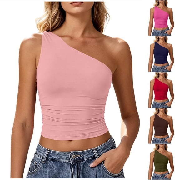 FchengtaiS Women's One Shoulder Tank Tops Sleeveless Ruched Slim Fit Crop Shirts Basic Cropped Y2k Tee Tops Fashion Summer Clothing