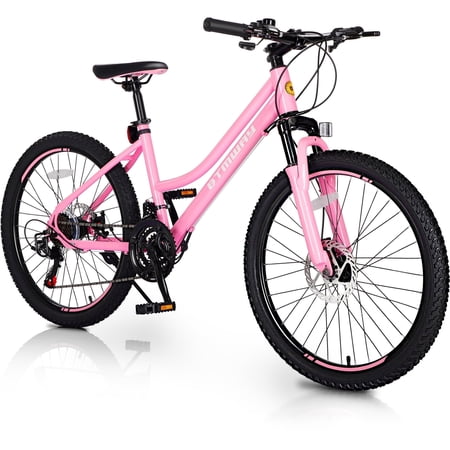iYofe 24 inch Kids Mountain Bikes, 21 Speed Kids Bicycles with Dual Disc Brake, Mountain Bike w/Front Spring Shock/Adjustable Seat Height, Kids Bike for Girls Teens Ages 9-14 Years Old, Pink