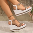 thumbnail image 4 of Rokment Glitter Crystal Flowers Platform Wedge Sandals for Women Sparkly Rhinestones Elegant Chunky High Heels Elastic Ankle Strap Bride Wedding Dress Summer Shoes Beach Gold Size 8.5, 4 of 7
