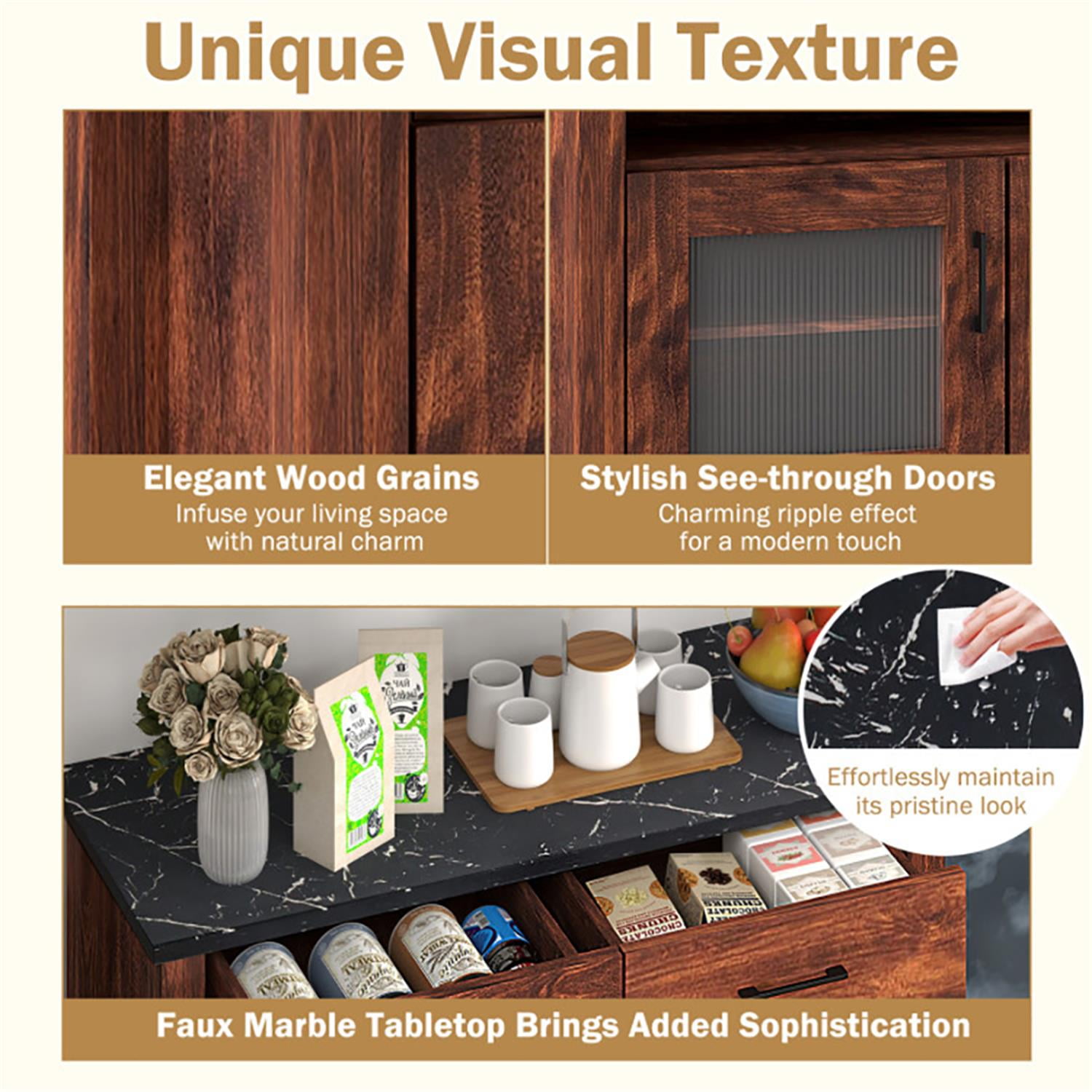 Demi Bonn 39" Sideboard Buffet Cabinet with 2 Drawers and 1 Open Compartment, Kitchen Storage Cabinet, Wood Coffee Bar Buffet Table for Dining Room, Brown