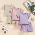 thumbnail image 3 of Douhoow 1-5 Years Girls Two Pieces Clothes Solid Ribbed Cotton Short Sleeve T-Shirt+Shorts, 3 of 9