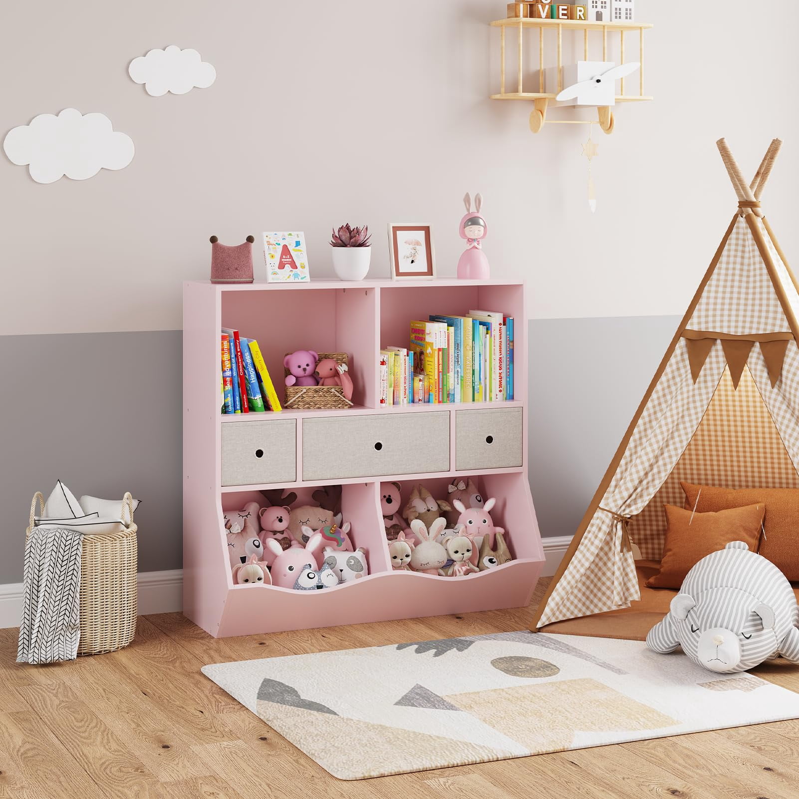 TROPOW Toy Storage Organizer,Kids Bookshelf and Toy Storage Organizer with 3 Movable Drawers, Floor Storage Cabinet Toy Chest with 4 Cubbies, Multifunctional Storage Chest for Nursery,Pink