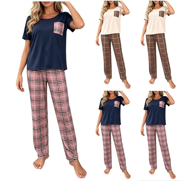FRSASU Women's Plaid Pajama Sets 2 Pieces Summer Short Sleeve Tops and Long Pants Casual Comfy Pjs Lounge Set with Pocket Brown