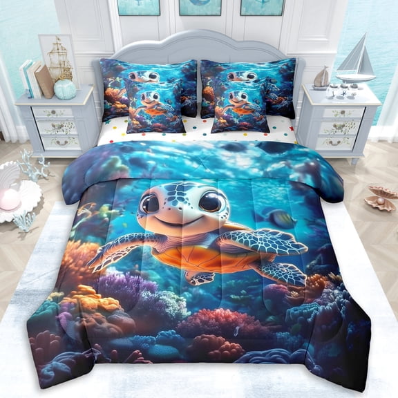Erosebridal Teens Cartoon Sea Turtle Twin Bedding Sets 7-Piece,Boys Girls Kawaii Coastal Ocean Animal Bedding Comforter Set,Ultra Soft Home Decor