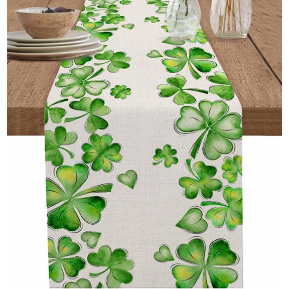 Happy St. Patrick''s Day Cotton Linen Table Runner Dresser Scarves, Lucky Clovers Table Runners for Dinning Table, Vintage Green Kitchen Decor, Holiday Dinner Decoration-13x70 Inch