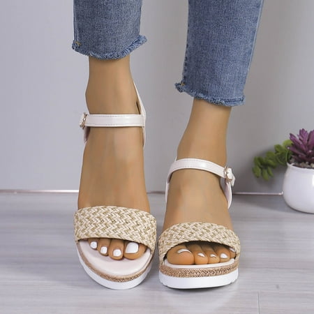 Uinagy Women s Summer Fashion Open Toe Thick Bottom Slope Heel One Buckle Sandals Casual Comfortable Outdoor Sandals