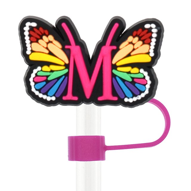 Tapón de paja a prueba de polvo con forma de mariposa y letras de 10 mm, hebilla decorativa creativa de paja de dibujos animados, tapón de paja de plástico suave de PVC