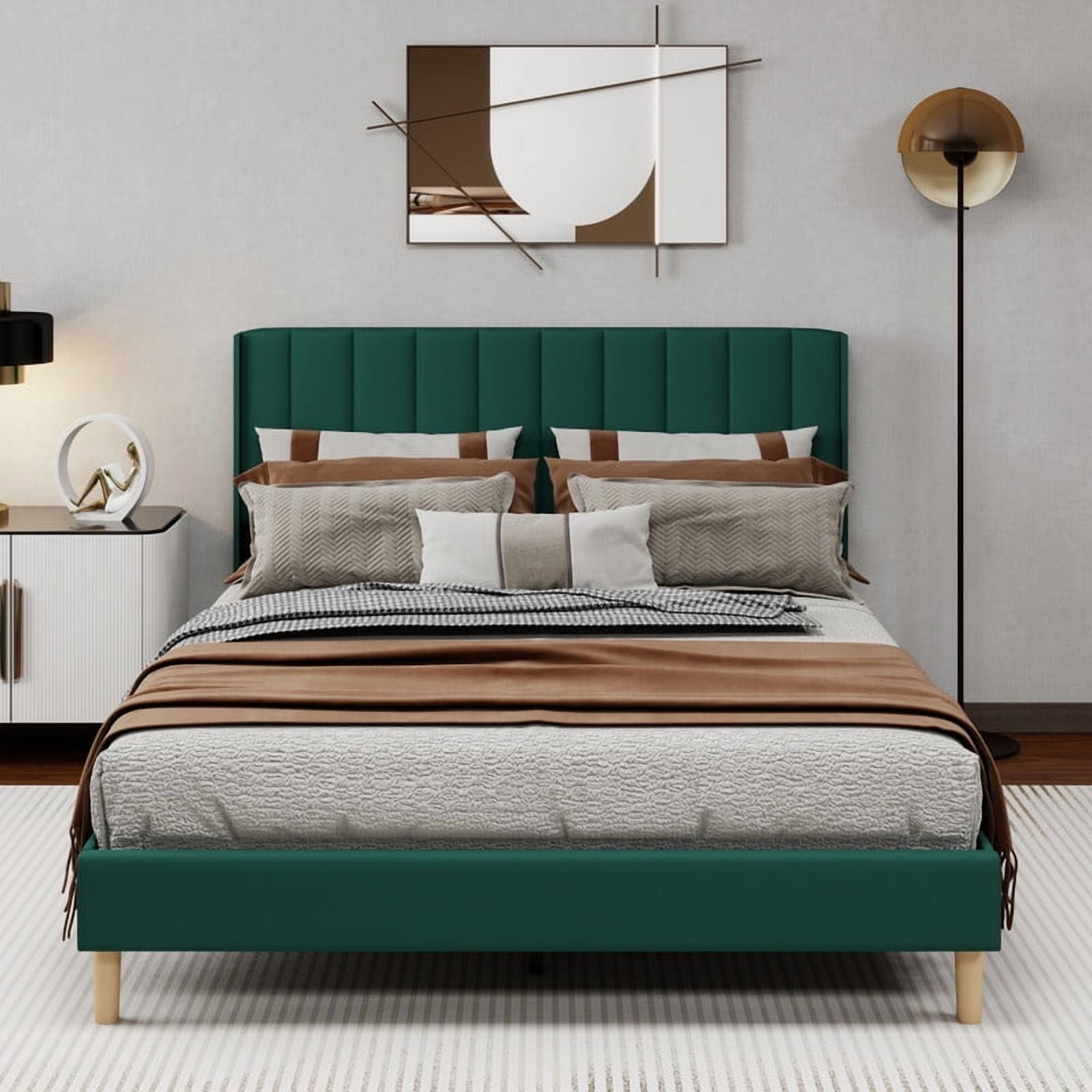 Caxkun Upholstered Platform Queen Size Bed Frame with Wingback headboard Wooden Slats Support,Green Velvet