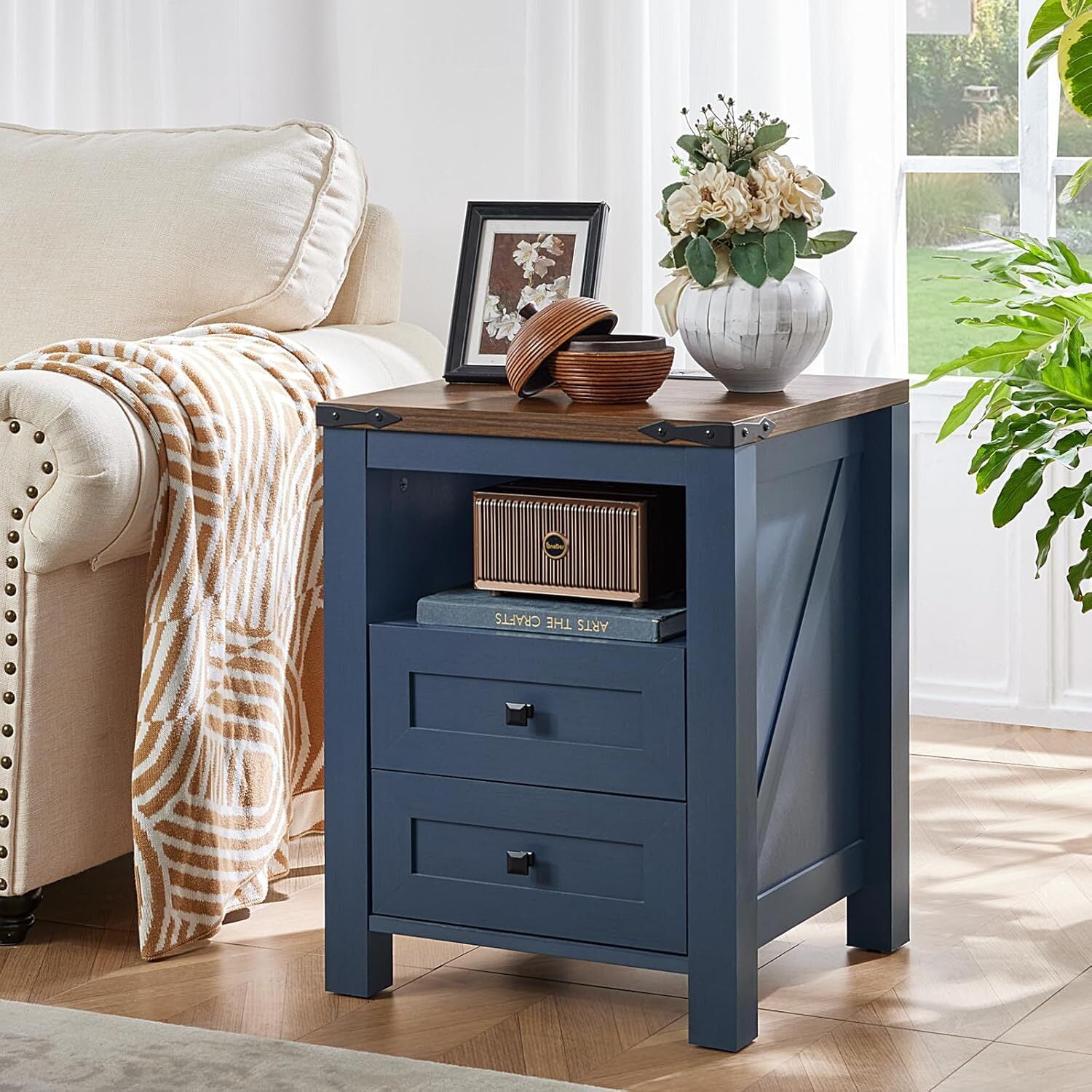 Joaxswe Farmhouse Coffee Table Sets of 3, Large End Side Tables with Charging Station & Coffee Table with Hidden Storage Space, Navy