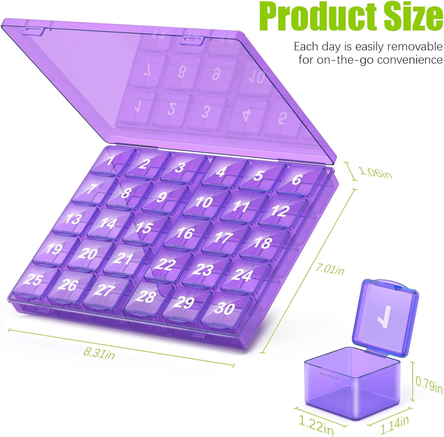 2 pieces Monthly Pill Organizer Once a Day - 30 Day Pill Organizer Box - Easy to Open - Large Compartments Portable Case for Travel, Month Pill Cases Medicine Organizer for Vitamin (Purple)