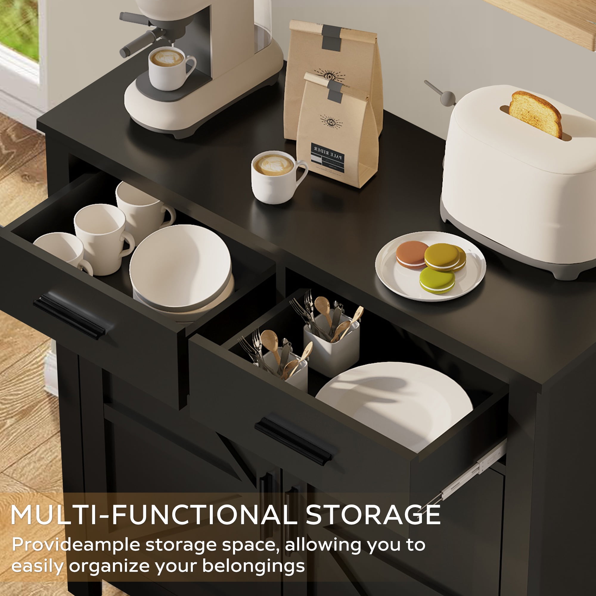 HOQBN Kitchen Storage Cabinet,Modern Farmhouse Buffet Cabinet with 2 Drawers & 2 Doors,Coffee Bar Sideboard for Living Room Dining Room, Black