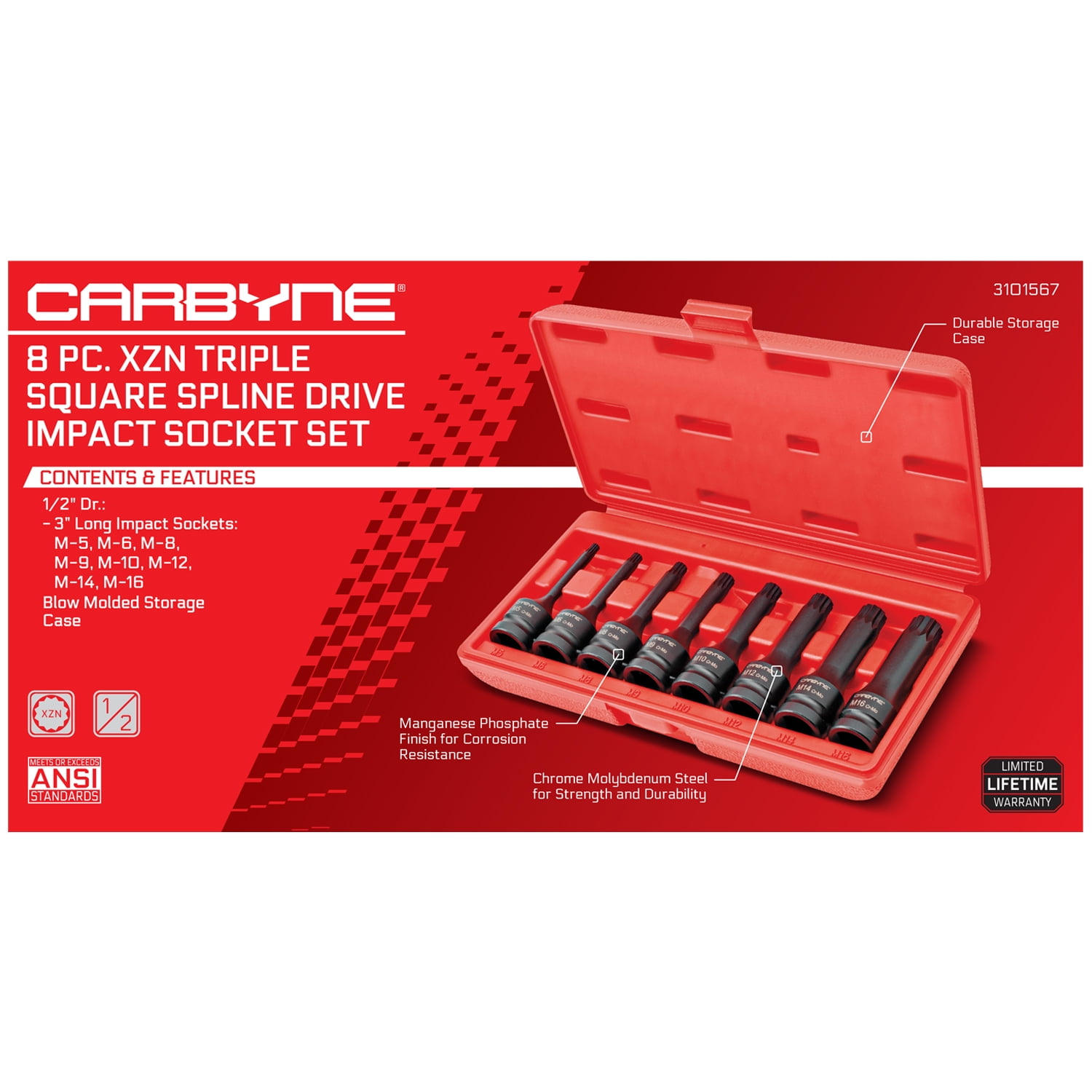 Carbyne 8-Piece XZN Triple Square Impact Bit Socket Set, 12 Point, M5 to M16, 1/2 in. Drive, CrMo Steel, Manganese Phosphate Finish