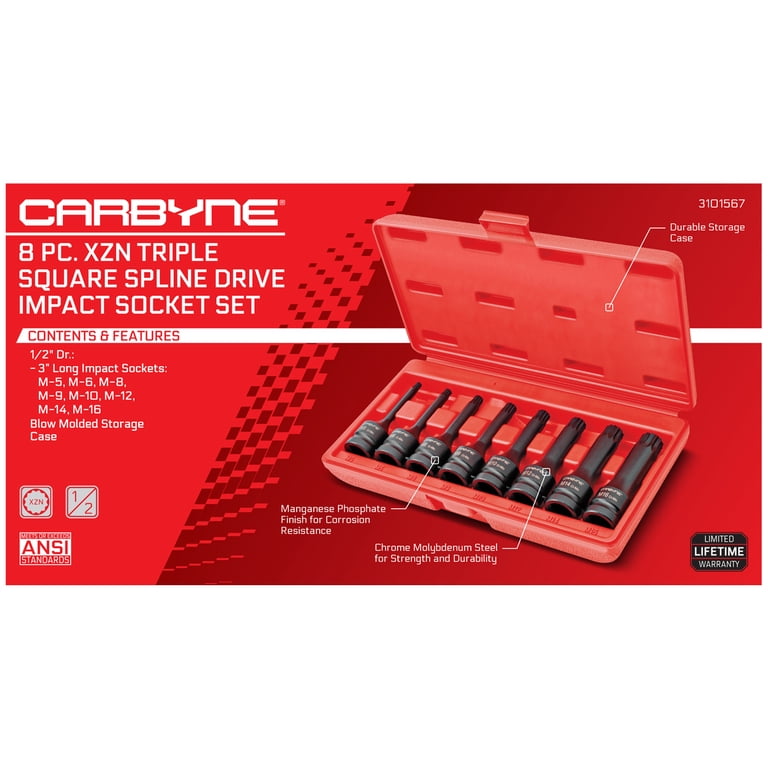 10-Piece Triple Square Spline Bit Socket Set – M4 To M18, 1/4", 3/8", And 1/2" Drives, Chrome Vanadium Steel With Mirror Finish And Storage Case